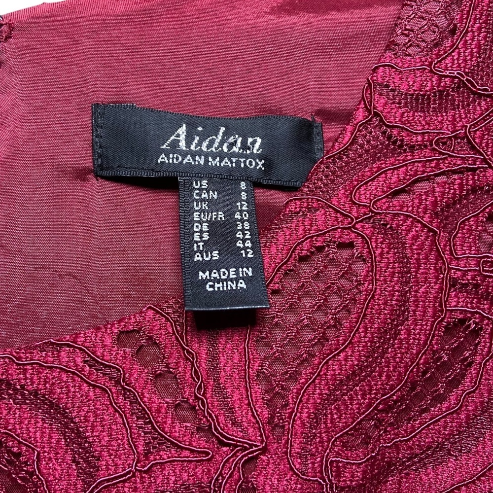 Aidan Mattox Lace Tiered Dress Size 8 Ruffled Lace A Line Burgundy Red Black - Picture 6 of 7
